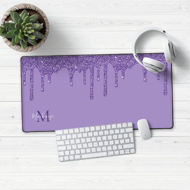 Chic Purple Sparkle Glitter Drips Monogram Desk Mat (Chic Purple Dripping Glitter Desk Mat Mouse Pad)