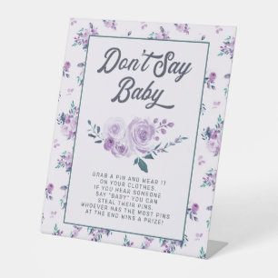 Chic Purple Teal Floral Don't Say Baby Shower Game Pedestal Sign