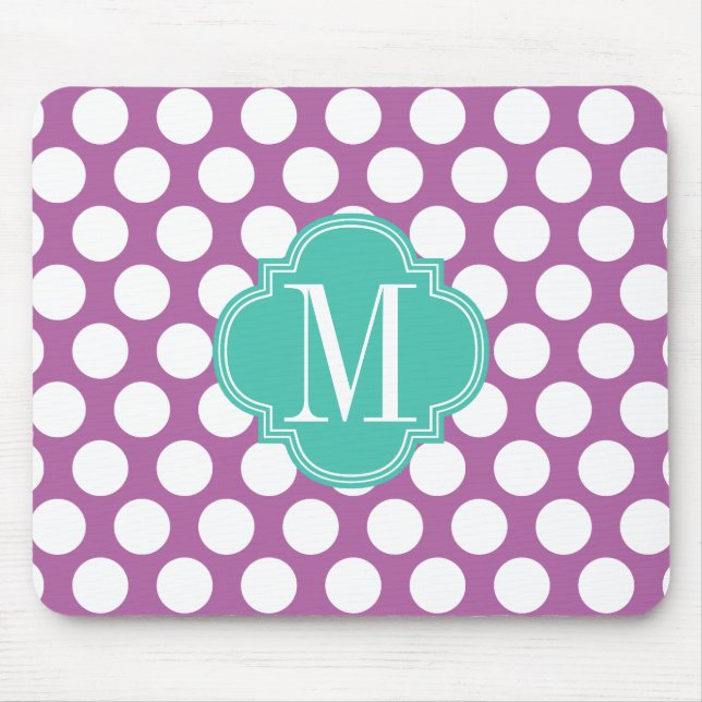 Chic Purple & Turquoise Big Dots Monogrammed Mouse Pad (Front)