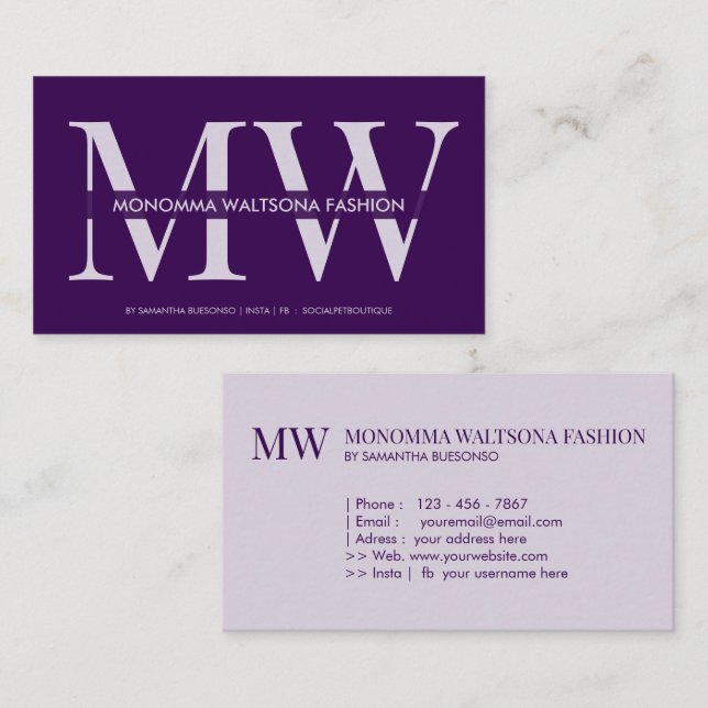 Chic purple typography monogram lettering name business card (Front/Back)