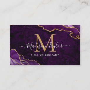 Chic Purple Violet Gold Glitter Marble Monogram QR Business Card