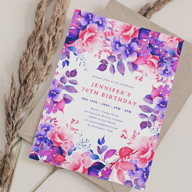 Chic Purple Watercolor Floral 70th Birthday  Invitation (Chic Purple Watercolor Floral 70th Birthday Invitation)