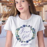 Chic Purple Watercolor Floral Custom Flower Girl T-Shirt<br><div class="desc">Beautiful violet floral wreath of purple and indigo watercolor flowers around the pretty typography that reads FLOWER GIRL. A cute,  modern flower girl t-shirt wedding bridal party gift personalised with your flower girl's name at the rehearsal dinner.</div>