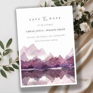 Chic Purple Watercolor Mountain Lake Save The Date Invitation