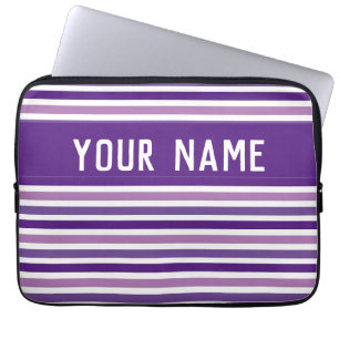 Chic Purple & White Stripes Custom Name   Laptop Sleeve