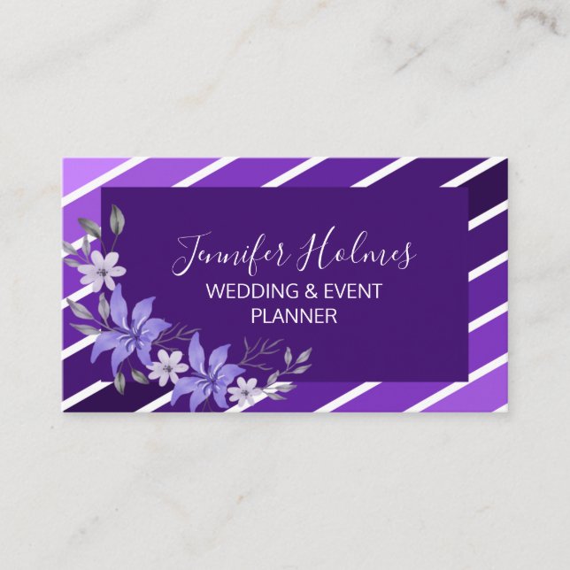 Chic Purple White Stripes Flower Business Card (Front)