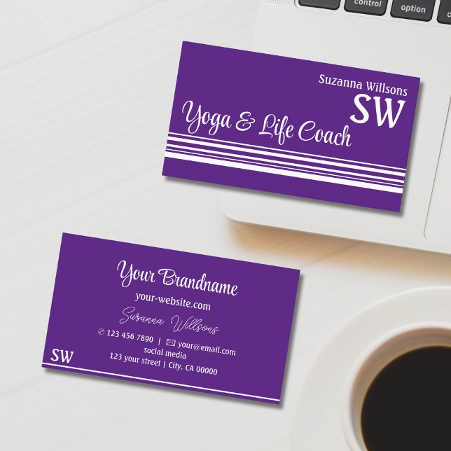 Chic Purple White Stripes with Monogram Stylish Business Card (Creator Uploaded)