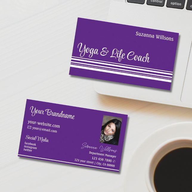 Chic Purple White Stripes with Photo Professional Business Card (Creator Uploaded)