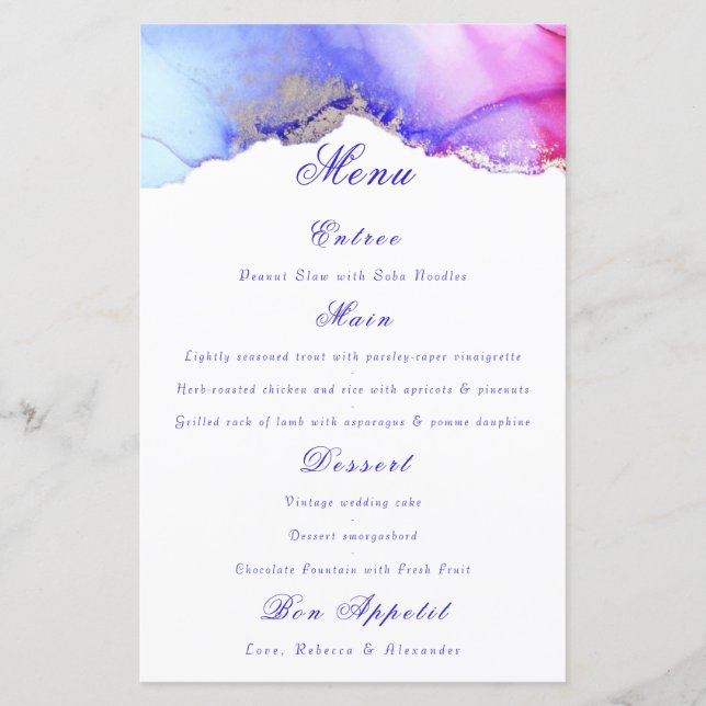 Chic Purple White Wedding Menu (Front)