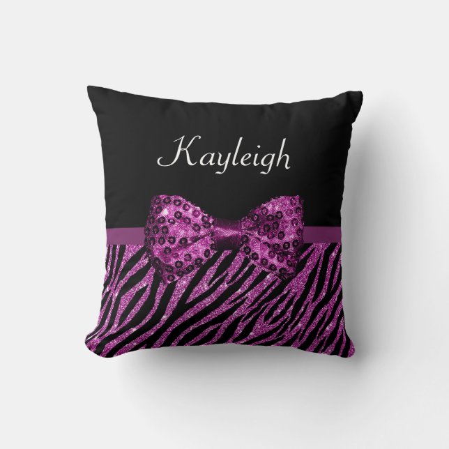 Chic Purple Zebra Print FAUX Glitz Bow With Name Cushion (Front)