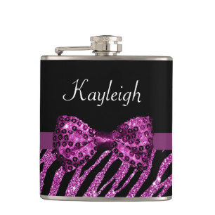 Chic Purple Zebra Print FAUX Glitz Bow With Name Hip Flask