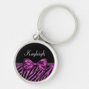 Chic Purple Zebra Print FAUX Glitz Bow With Name Key Ring