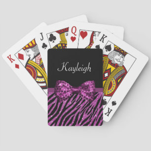 Chic Purple Zebra Print FAUX Glitz Bow With Name Playing Cards