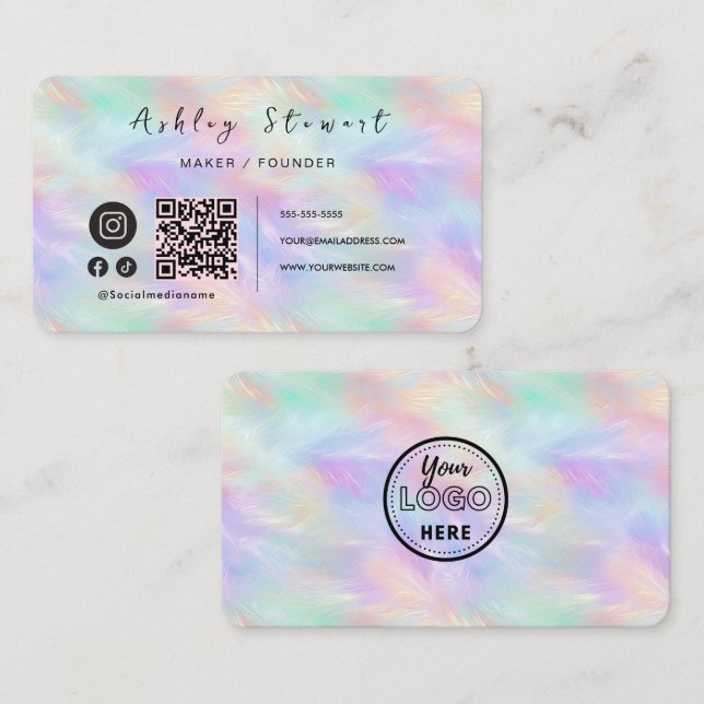 Chic Qr Code Branding Logo Iridescent Opal Stylish Business Card (Front/Back)
