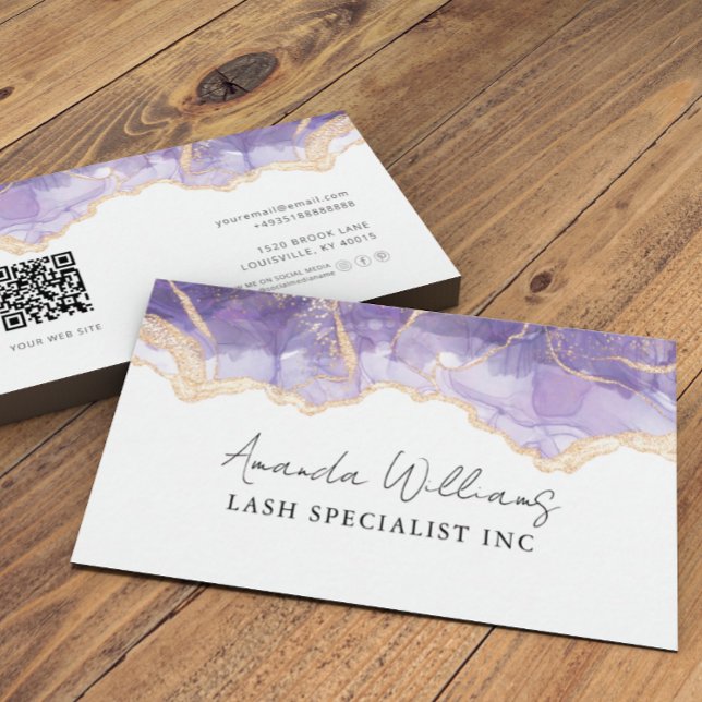 Chic QR Code Lilac Gold Glitter Marble Business Card (Creator Uploaded)