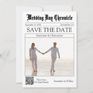 Chic QR Code Vintage White Newspaper Save the Date