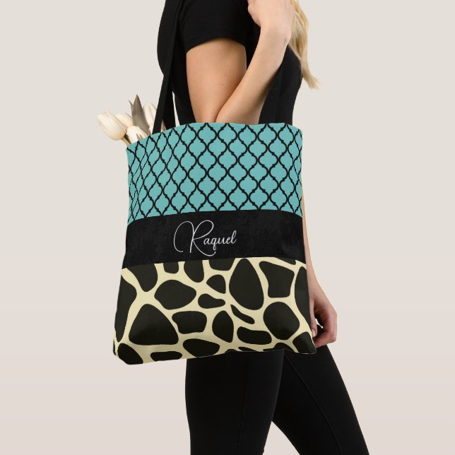 Chic Quatrefoil Giraffe Print Personalised Tote Bag (Close Up)
