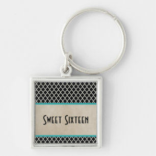 Chic Quatrefoil Sweet 16 Keychain, Aqua Key Ring