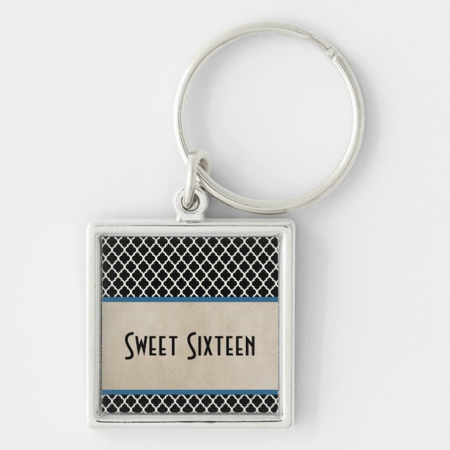 Chic Quatrefoil Sweet 16 Keychain, Blue Key Ring (Front)