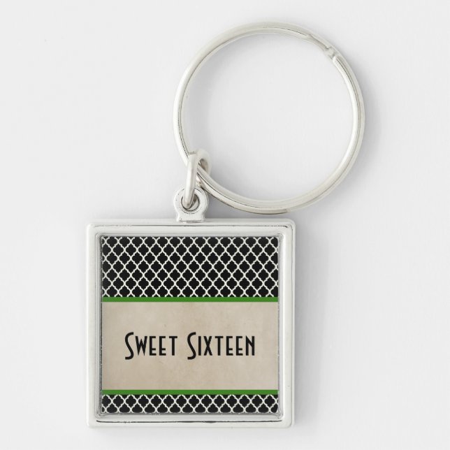 Chic Quatrefoil Sweet 16 Keychain, Green Key Ring (Front)