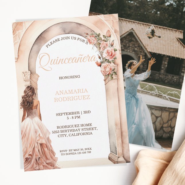 Chic Quinceañera Blush Dress Floral Arch Photo Invitation (Creator Uploaded)