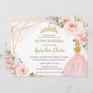 Chic Quinceañera Blush Pink Floral Blonde 15 Anos Invitation