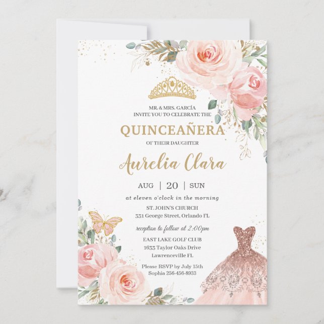 Chic Quinceañera Blush Pink Floral Dress Birthday  Invitation (Front)