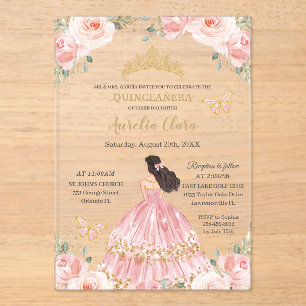 Chic Quinceañera Blush Pink Floral Gold Princess Acrylic Invitations