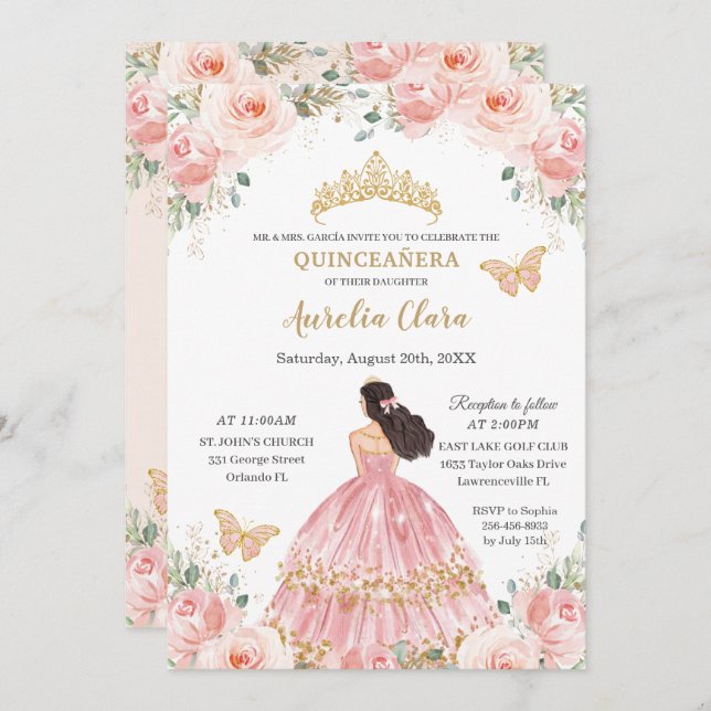 Chic Quinceañera Blush Pink Floral Gold Princess Invitation (Front/Back)