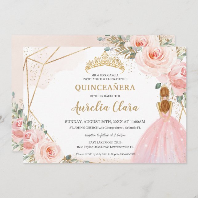 Chic Quinceañera Blush Pink Floral Tiara Birthday Invitation (Front/Back)