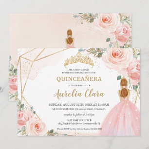 Chic Quinceañera Blush Pink Floral Tiara Birthday Invitation