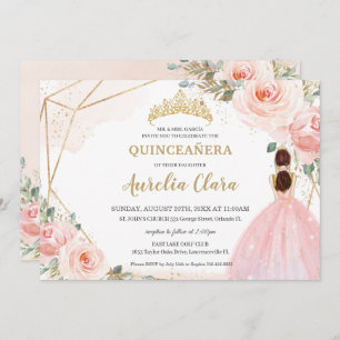 Chic Quinceañera Blush Pink Floral Tiara Birthday  Invitation
