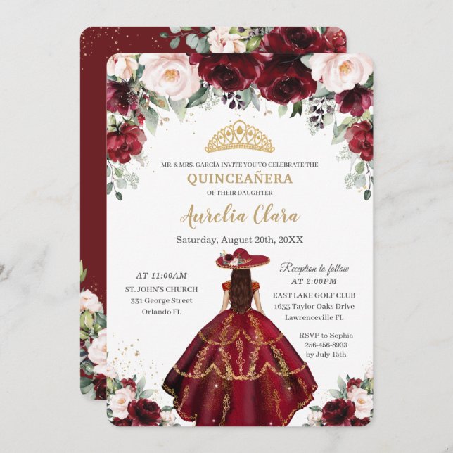 Chic Quinceañera Burgundy Blush Floral Charro Gold Invitation (Front/Back)