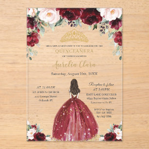 Chic Quinceanera Burgundy Blush Floral Princess Acrylic Invitations