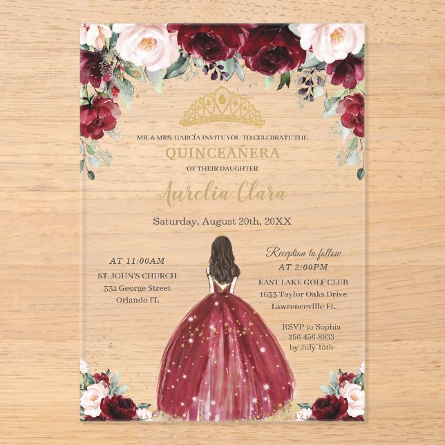 Chic Quinceanera Burgundy Blush Floral Princess Acrylic Invitations (Front)