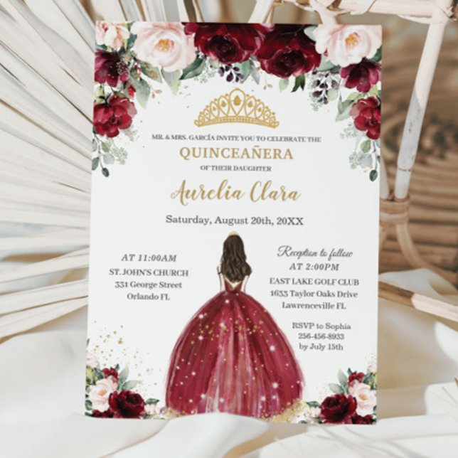 Chic Quinceañera Burgundy Blush Floral Princess Invitation (Creator Uploaded)