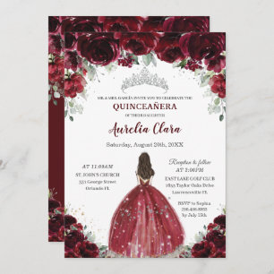 Chic Quinceañera Burgundy Floral Princess Silver Invitation