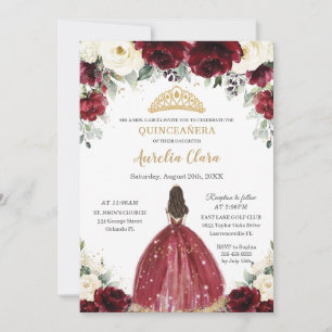 Chic Quinceañera Burgundy Ivory Floral Princess Invitation