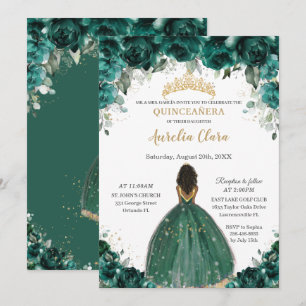 Chic Quinceañera Emerald Green Floral Princess  Invitation