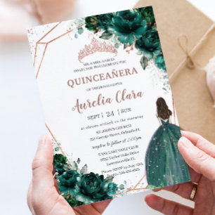 Chic Quinceañera Emerald Green Floral Rose Gold  Invitation