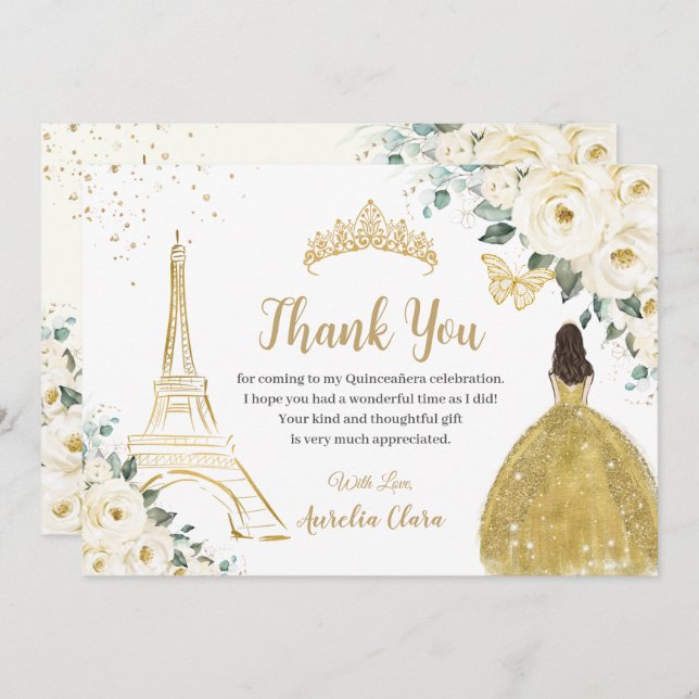 Chic Quinceañera Ivory Floral Paris 16th Birthday  Thank You Card (Front/Back)