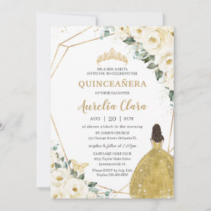 Chic Quinceañera Ivory White Floral Gold Princess  Invitation