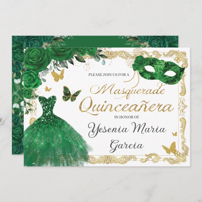 Chic Quinceañera Masquerade Emerald Green Floral I Invitation (Front/Back)