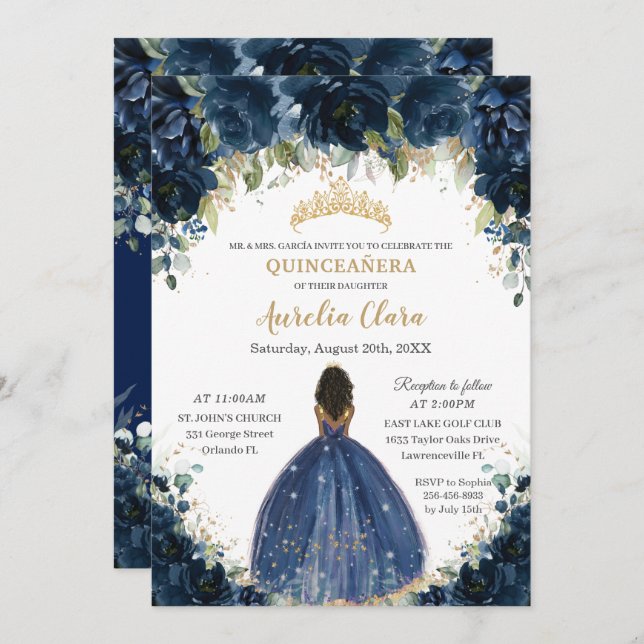 Chic Quinceañera Navy Blue Floral Brown Princess Invitation (Front/Back)