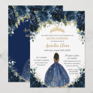 Chic Quinceañera Navy Blue Floral Brown Princess Invitation