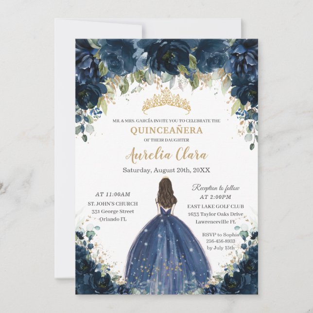 Chic Quinceañera Navy Blue Floral Princess Crown Invitation (Front)