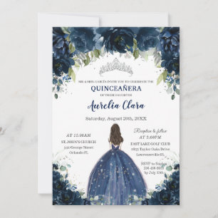 Chic Quinceañera Navy Blue Floral Princess Silver Invitation
