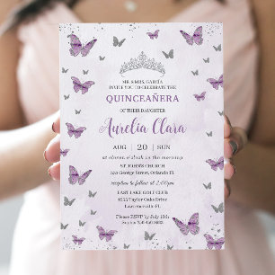 Chic Quinceañera Purple Lilac Butterflies Silver Invitation