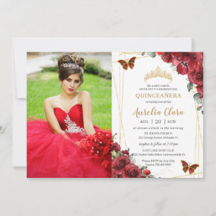 Chic Quinceañera Red Floral Gold Butterflies Photo Invitation