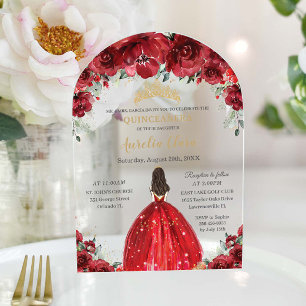 Chic Quinceañera Red Floral Roses Princess Arch Acrylic Invitations